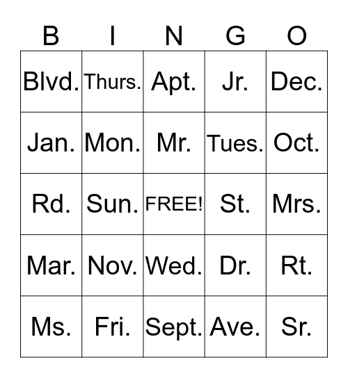 ABBREVIATIONS Bingo Card