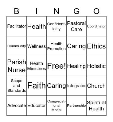 Faith Community Nursing Bingo Card