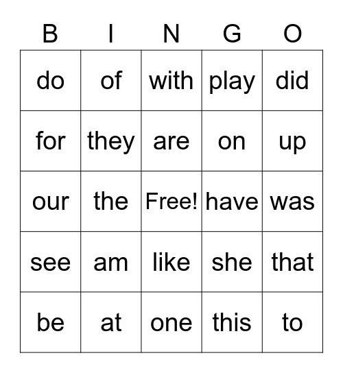 sight word bingo Card