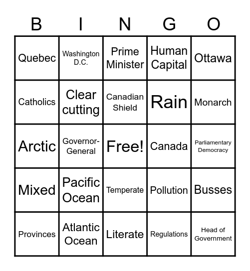 Canada Bingo Card