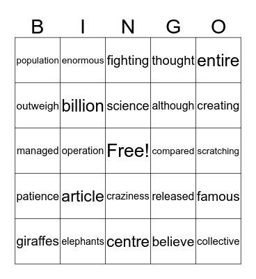 THE ANTS VERSUS THE ANIMAL KINGDOM Bingo Card