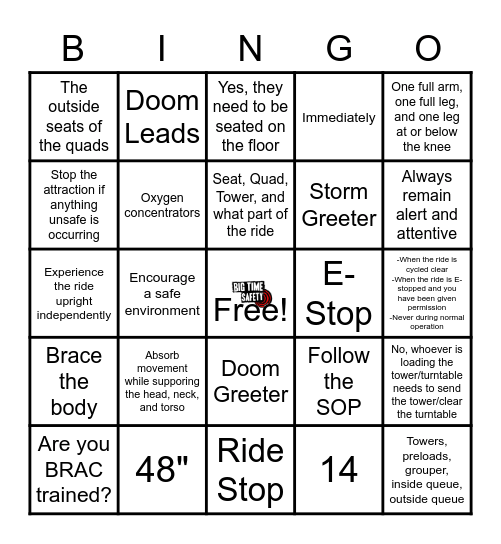 Big Time Safety Bingo Card