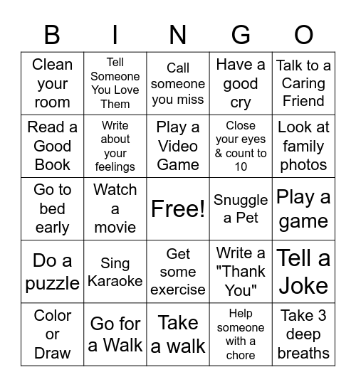 Coping Skills Bingo Card