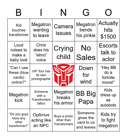 Transformers Hotset Bingo Card