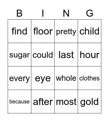Key word bingo Card