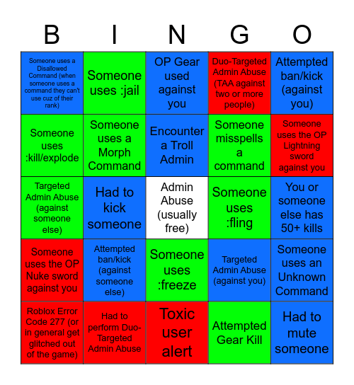 Free Admin Bingo (Green = Common, Blue = Uncommon, Red = Rare) Bingo Card