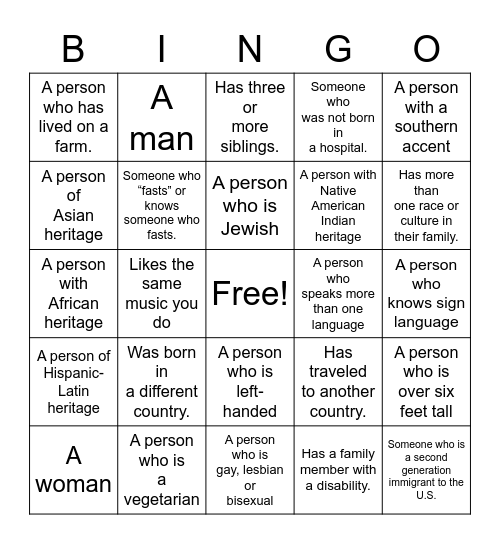 Diversity Bingo Card