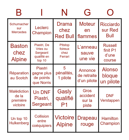 F1 BINGO Card