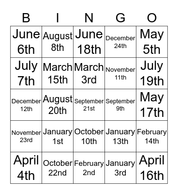 Months and Ordinal numbers Bingo Card