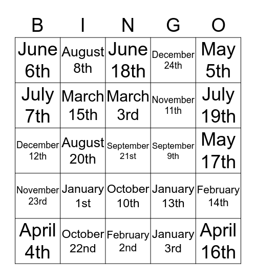 Months and Ordinal numbers Bingo Card