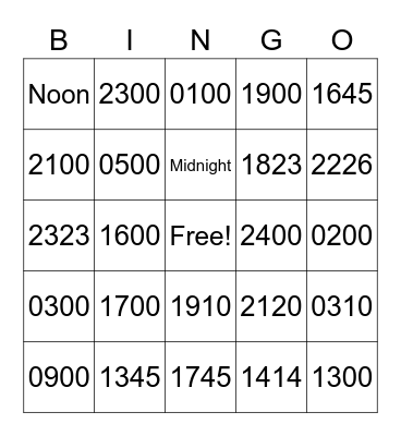 Military Time Bingo Card