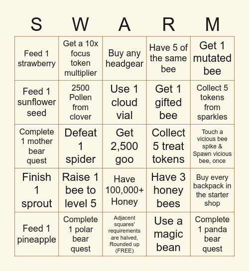 Bee swarm simulator bingo race Bingo Card