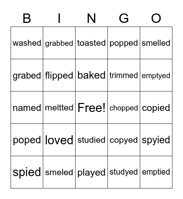 Regular Past Tense Verbs Bingo Card