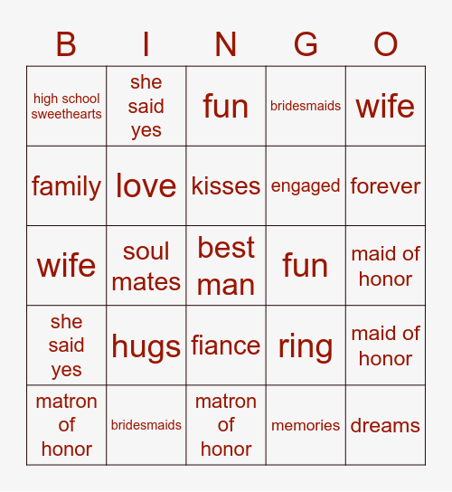 Jared & Ariana's Engagement Bingo Card