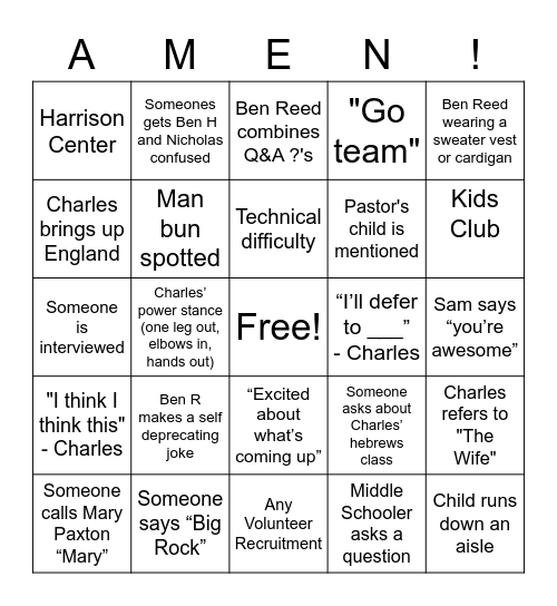 Town Hall Bingo! Shout "Amen" instead of Bingo Card