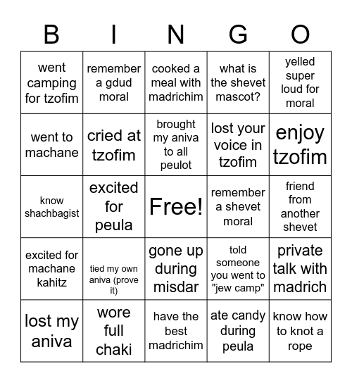 TZOFIM Bingo Card