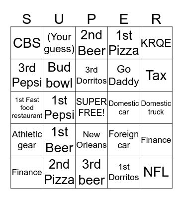 Superbowl 47: Baltimore vs. 49ers COMMERCIALS Bingo Card