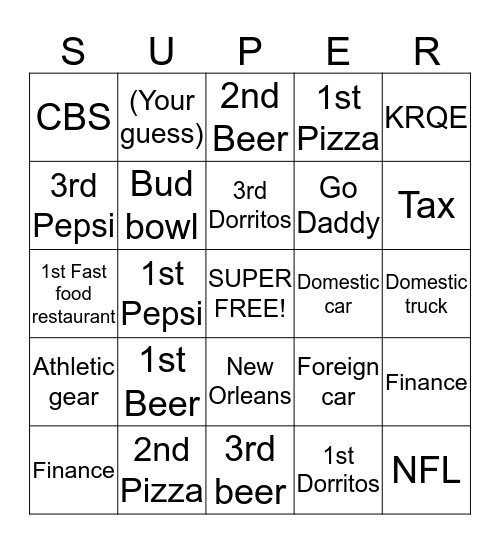 Superbowl 47: Baltimore vs. 49ers COMMERCIALS Bingo Card