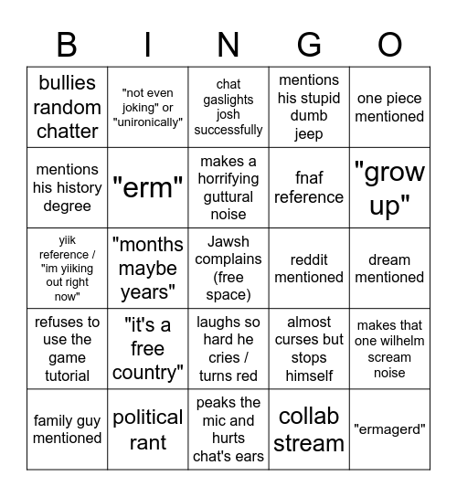 Jawsh Livestream Bingo Card
