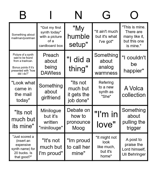 r/synthesizers bingo Card