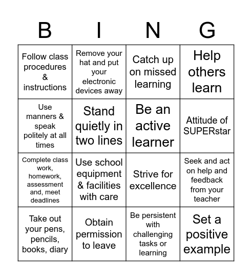 Expectation Bingo Card