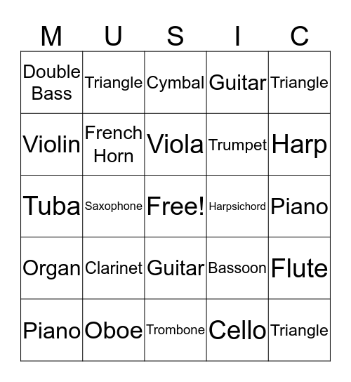 Musical Instrument Bingo Card