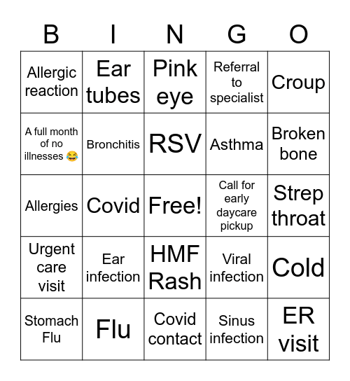Winter Sickness Bingo Card