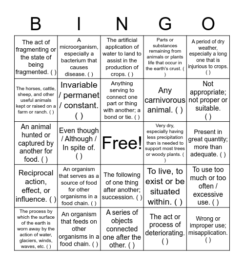 Unti 3: The soil and grasslands Bingo Card