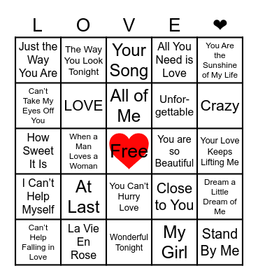 Love Song Bingo Card