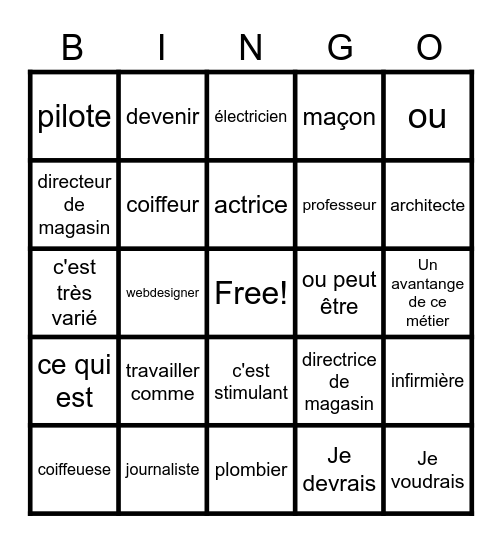 Mon avenir Bingo Card