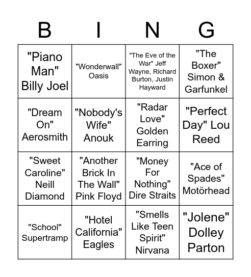 Bar Battle Top 2000 Bingo Card