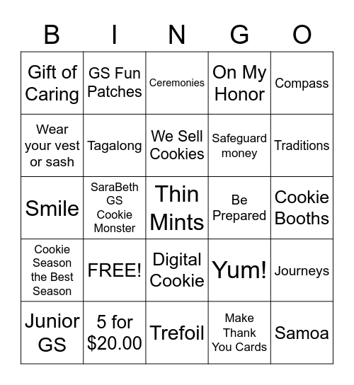 Cookie Bingo Card