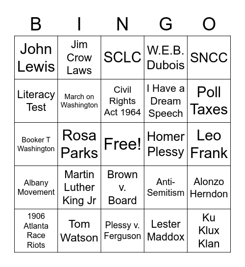 Civil Rights Bingo Card