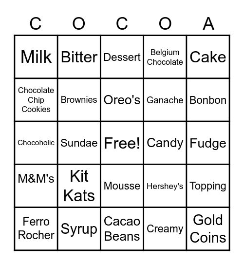 Chocolate Bingo Card