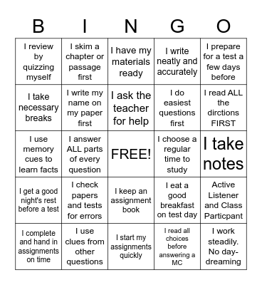 Study Habits and Test Taking Strategies Bingo Card