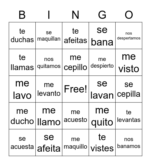 Los verbos reflexivos en Espanol Bingo Card