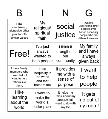What motivates you to volunteer? Bingo Card