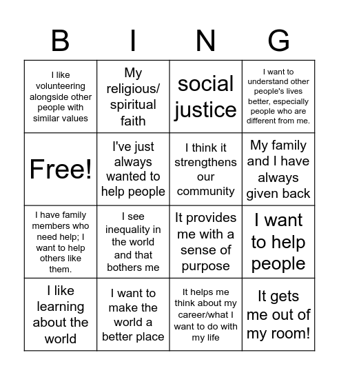 What motivates you to volunteer? Bingo Card