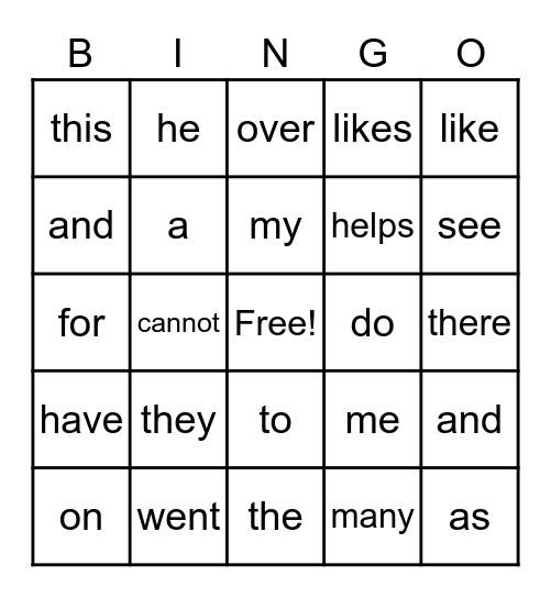 Cooper's Tricky Words Bingo Card