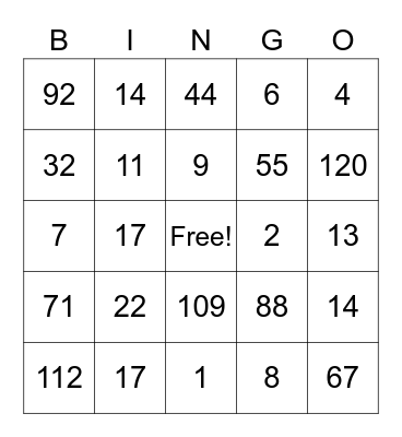 Number Bingo Card