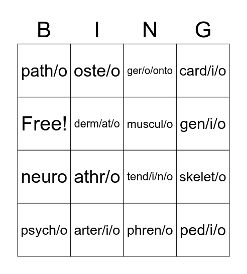 Common Word Roots and Meanings Bingo Card