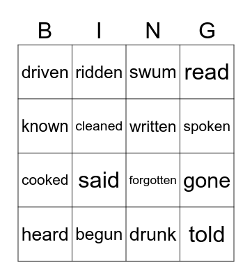 IRREGULAR VERBS (PAST SIMPLE & PAST PARTICIPLE) Bingo Card