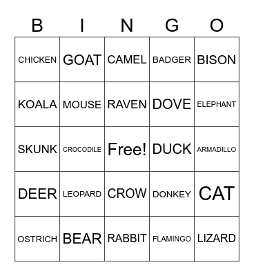 NOAH'S ANIMAL Bingo Card