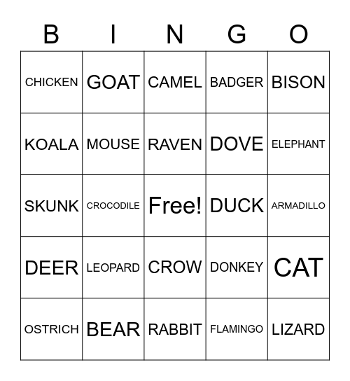 NOAH'S ANIMAL Bingo Card