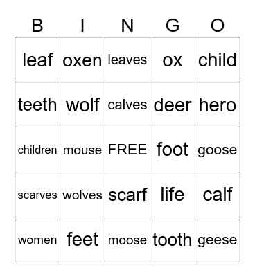 Irregular Nouns Bingo Card