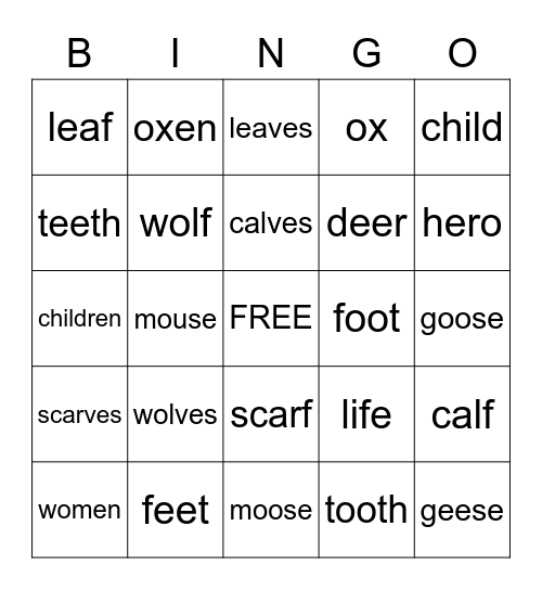 Irregular Nouns Bingo Card