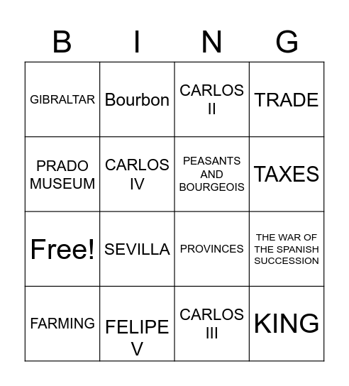 XVIII CENTURY IN SPAIN Bingo Card