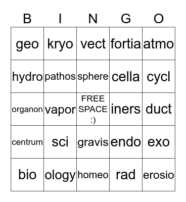 Science Morphology Bingo Card