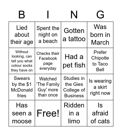 Find Someone Who! Bingo Card