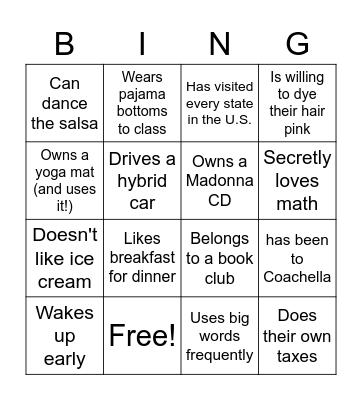 Find Someone Who! Bingo Card